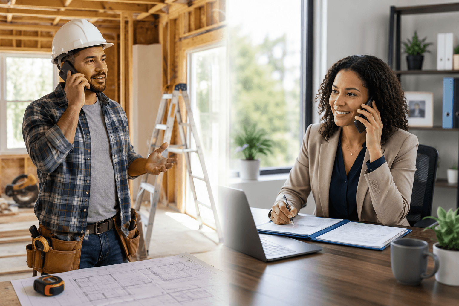 Contractor speaking with a mortgage loan officer by phone during a residential renovation project to coordinate a renovation loan.
