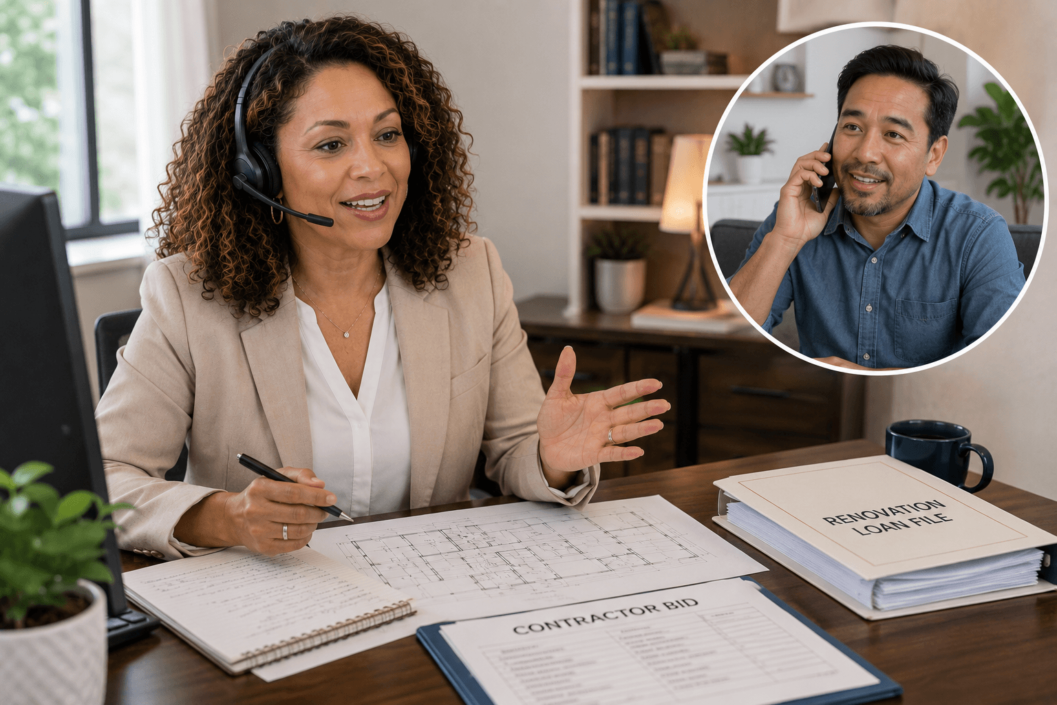 Loan officer explaining the renovation loan process to a prospective borrower during a phone consultation while reviewing renovation plans and loan documents.