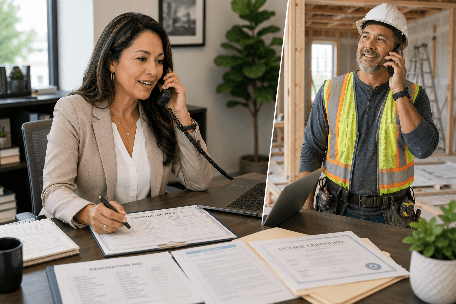Mortgage loan officer speaking with a contractor by phone while reviewing renovation loan documents as part of the contractor vetting process.
